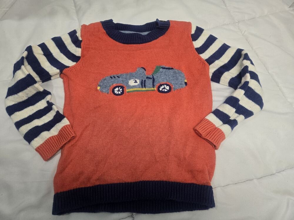 Baby Boden 3y 4y Shine Race Car Crew Neck Sweater Boy Orange Stripes Racing Kids